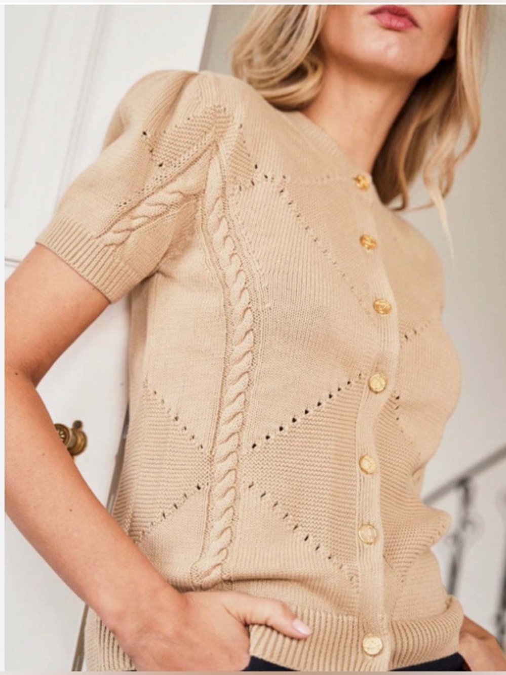Minuit Sur Terre Beige Organic Cotton Puff Sleeve Cardigan Sweater S